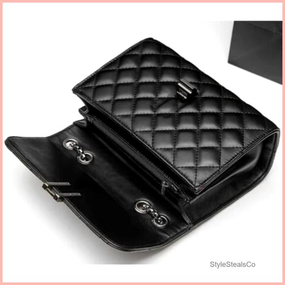 Eveupp Black Quilted Purse with Chain Strap Small Quilted  PU Leather Crossbody Bag with Adjustable Chain Strap, Shoulder Bag Clutch